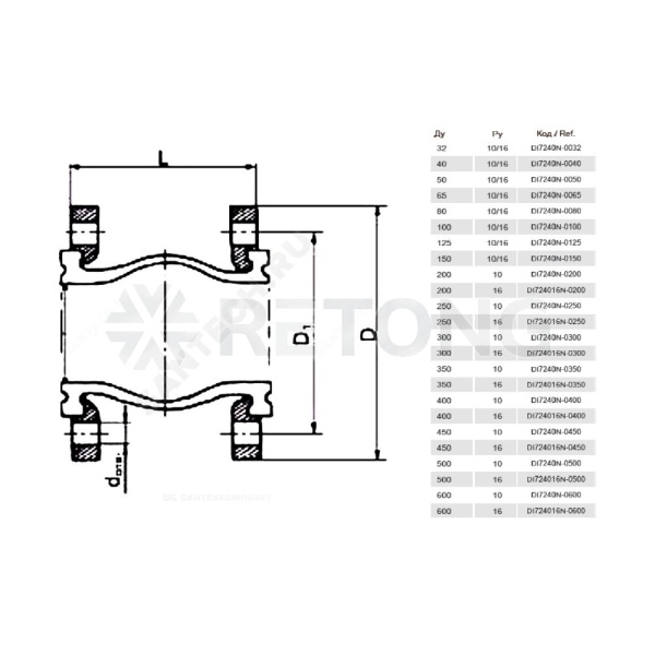Компенсатор EPDM Ду200 Ру10 фл L205 25/16 Tecofi DI7240N-0200