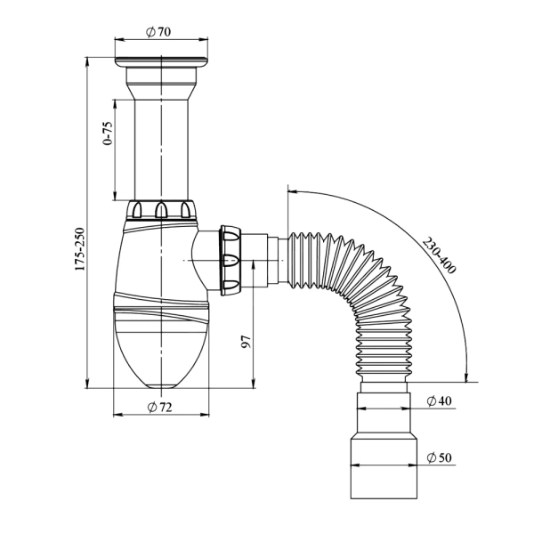 Сифон умыв бут 1 1/2"x40 гофр 40х40/50 пласт/сетка Unicorn A120P
