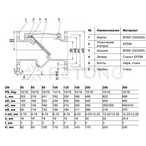 Клапан обр чуг пов 3040 Ду300 Ру10/16 фл д/ст+EPDM Benarmo