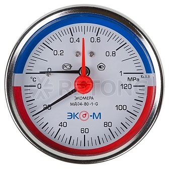 Термоманометр осев МД04 120С 0-1,0МПа Дк80 G1/4" в/к перех G1/2" L=40мм ЭКОМЕРА