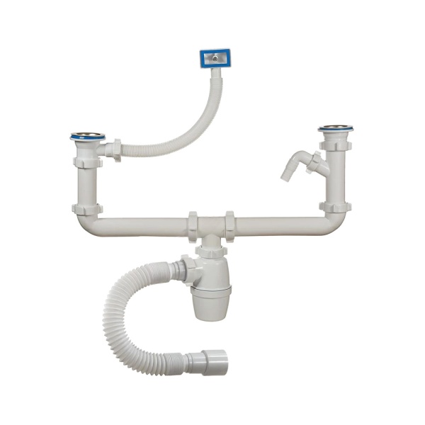 Сифон мойки 2чаши бут г/пер 1 1/2"x40 гофр 40х40/50 отв нерж/сетка Орио А-40091