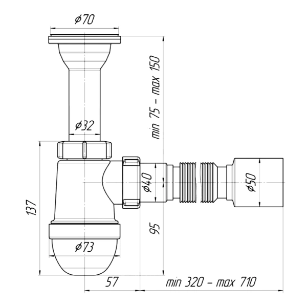 Сифон умыв/мойка бут лит/вып 1 1/2"x40 гофр 40х50 нерж/сетка Ани АНИ Пласт C0510