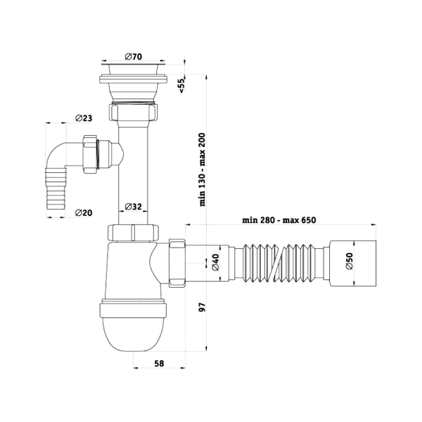 Сифон умыв/мойка бут 1 1/2"x50 гофр 40х50 отв нерж/сетка Ани АНИ Пласт C0310