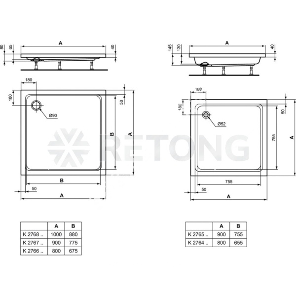 Поддон акр HOTLINE 90х90 квадр бел б/к Ideal Standard K276701