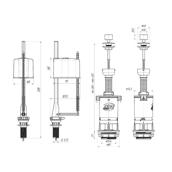Арматура д/бачка набор 1/2" пл/ш н/под бел шток АНИ Пласт Эконом WC4550