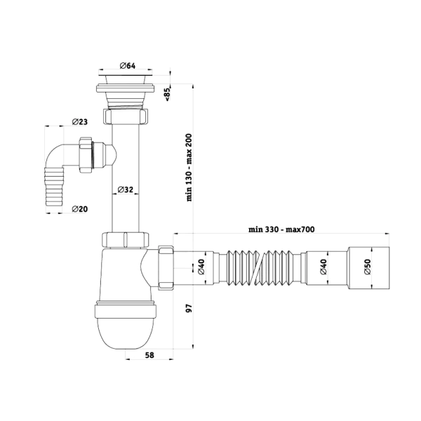 Сифон умыв бут 1 1/4"x40 гофр 40х40/50 отв нерж/сетка Ани АНИ Пласт C1315