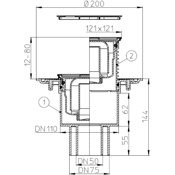 Трап рег верт/вып гидр/затв Дн50/75/110 нерж/реш 115х115 HL HL310N-3000