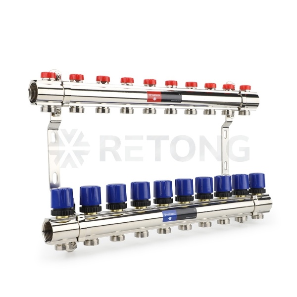 Коллекторная группа для отопления Varmega VM15810 ВР 1", на 10 контуров 3/4" EK, латунь