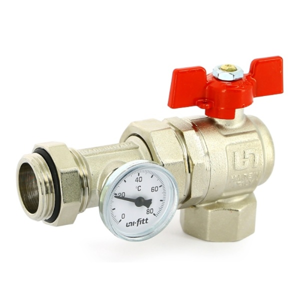 Кран угловой НВ 1" с разъёмным соед. и термометром для кол. групп, полнопроходной, бабочка Uni-Fitt