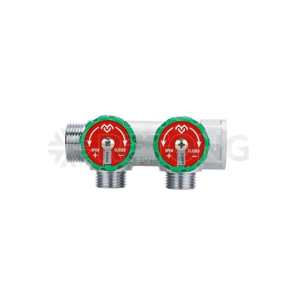 Коллектор регулирующий Varmega VM14602, 3/4", на 2 выхода 1/2", хромированный