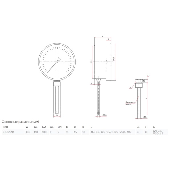 Термометр биметалл БТ-52.211 -30+70С Дк100 L=64 G1/2" рад Росма 00000002624