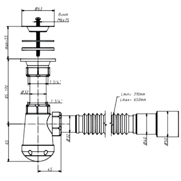 Сифон умыв бут 1 1/4"x32 гофр 32х40/50 нерж/сетка Чик Орио М-32020
