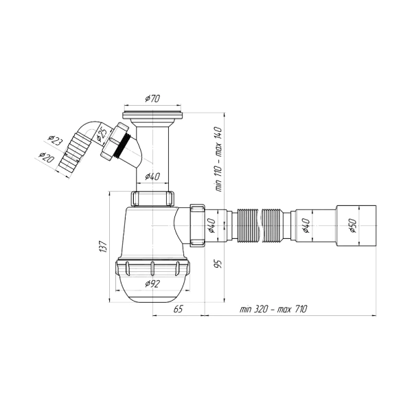 Сифон умыв/мойка бут лит/вып 1 1/2"x40 гофр 40х40/50 отв нерж/сетка Ани Грот АНИ Пласт A2015