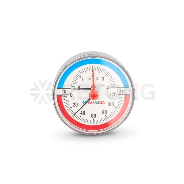 Термоманометр аксиальный Varmega VMMT06-800404, диаметр 80 мм, 4 бар, 120°С, 1/2", с запорным клапан