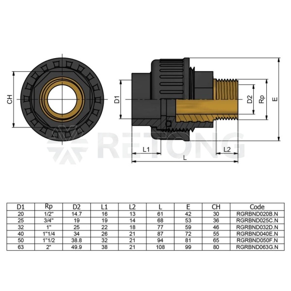 Муфта ПВХ нап сер НР разьем Дн32х1" Ру16 п/клей EFFAST RGRBND032D.N