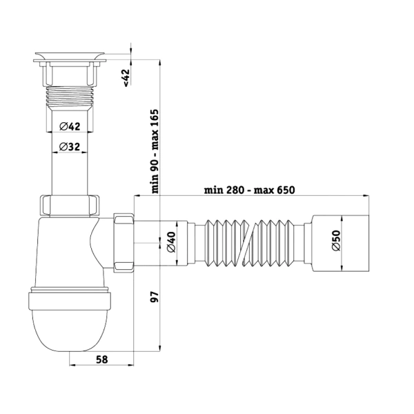 Сифон умыв/мойка бут лит/вып 1 1/4"x40 гофр 40х50 пласт/сетка Варяг АНИ Пласт C5010