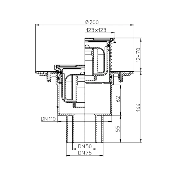 Трап рег верт/вып сух/затв Дн50/75/110 нерж/реш 115х115 HL HL310NPr