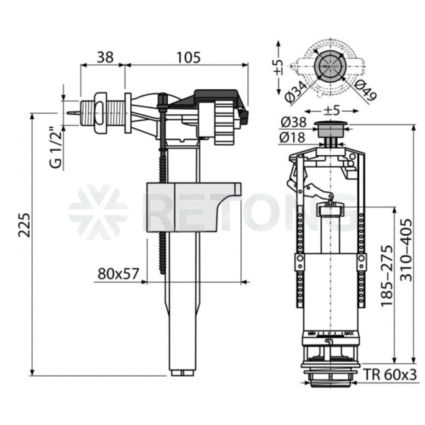 Арматура д/бачка набор 1/2" лат/ш б/под хр кноп стоп Alca SA2000K 1/2" CHROM