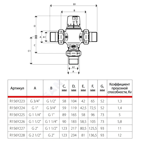 Клапан смес т/стат лат Ду20 Ру10 р/р Kvs1.4 30-65C Giacomini R156Y224