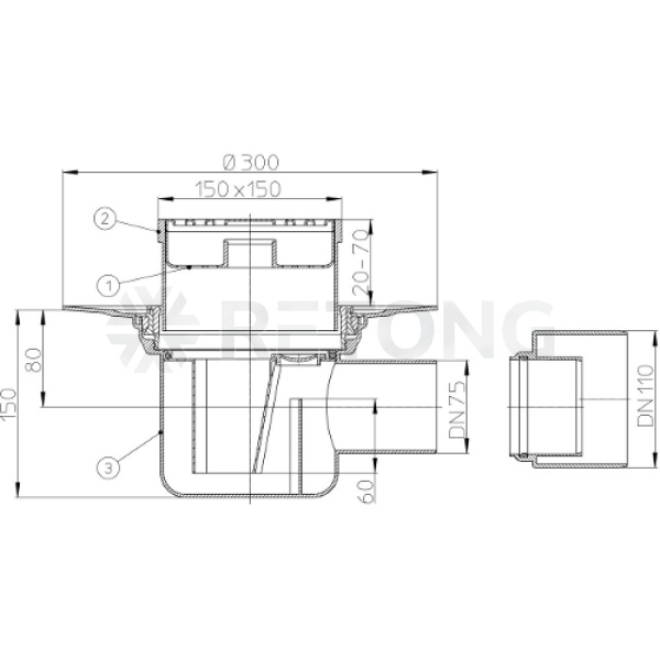 Трап рег гор/вып гидр/затв Дн75/110 нерж/реш 147х147 HL HL72.1N