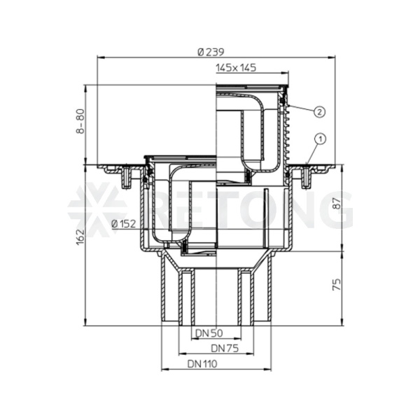 Трап рег верт/вып гидр/затв Дн50/75/110 нерж/реш 138х138 HL HL3100