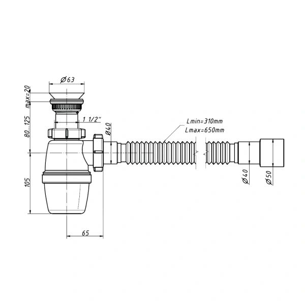 Сифон умыв/мойка бут 1 1/2"x40 гофр 40х40/50 пласт/сетка Орио А-72059