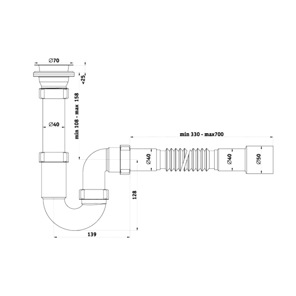 Сифон умыв/мойка труб 1 1/2"x40 гофр 40х40/50 нерж/сетка АНИ Пласт D0115