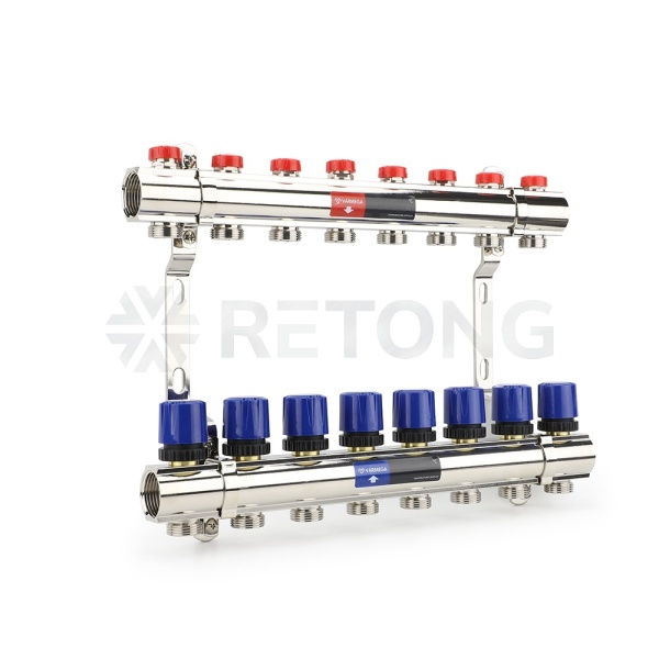 Коллекторная группа для отопления Varmega VM15808 ВР 1", на 8 контуров 3/4" EK, латунь