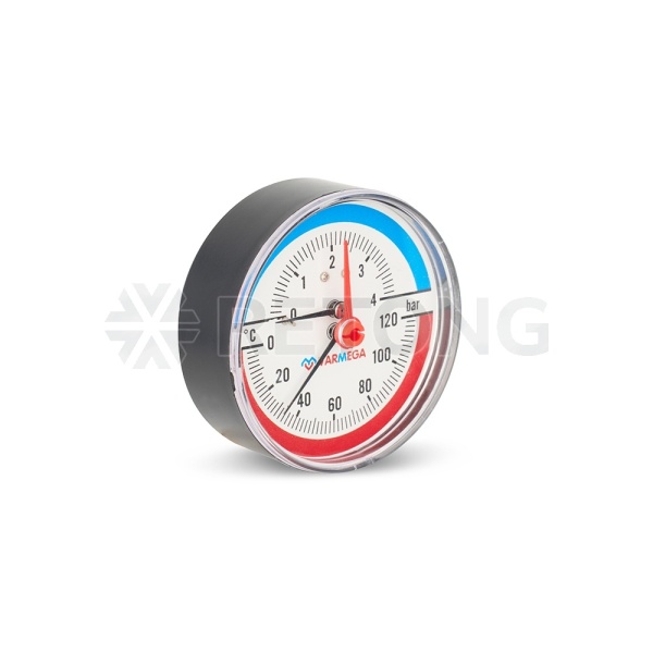 Термоманометр аксиальный Varmega VMMT06-800404, диаметр 80 мм, 4 бар, 120°С, 1/2", с запорным клапан