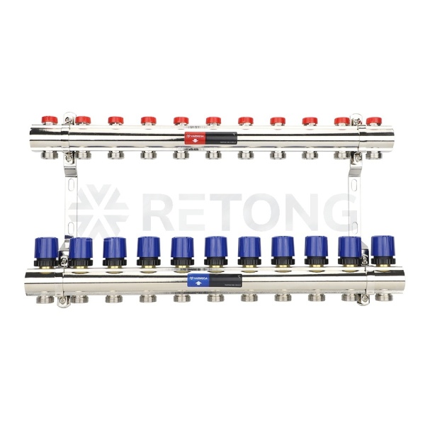 Коллекторная группа для отопления Varmega VM15811 ВР 1", на 11 контуров 3/4" EK, латунь