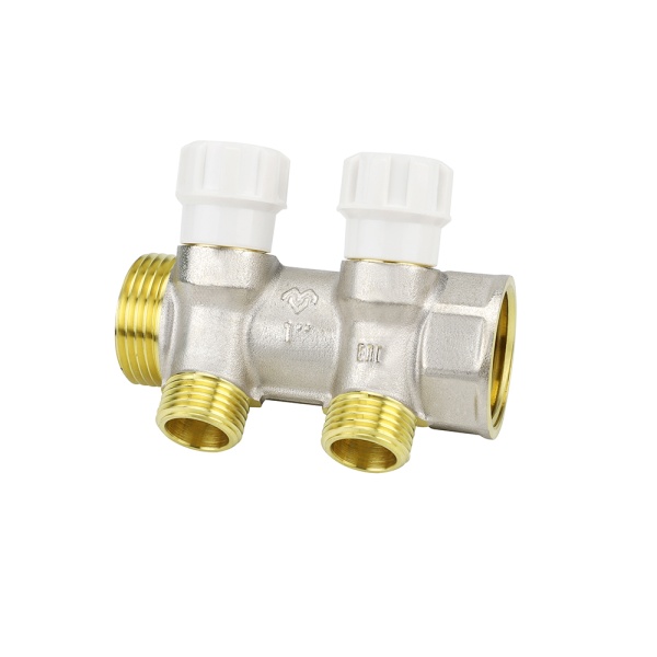 Коллектор распределительный с запорными клапанами Varmega VM14732, 1", на 2 выхода 3/4"ЕК