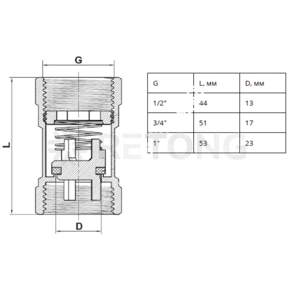 Клапан обр лат пруж Эко CV200 Ду15 Ру16 м/м д/пласт+EPDM SantechSystems
