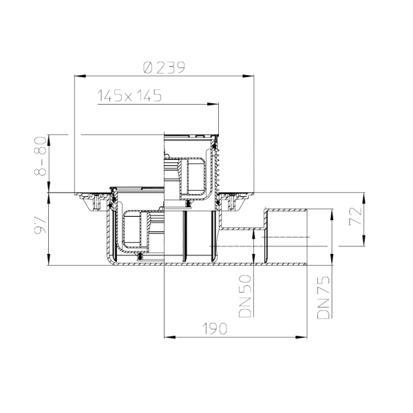 Трап рег гор/вып сух/затв Дн50/75 нерж/реш 138х138 HL HL5100Pr
