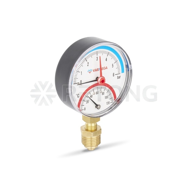 Термоманометр радиальный Varmega VMMT07-800604, диаметр 80 мм, 6 бар, 120°С, 1/2", с запорным клапан