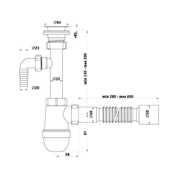 Сифон умыв/мойка бут 1 1/4"x40 гофр 40х50 отв нерж/сетка Ани АНИ Пласт C1310