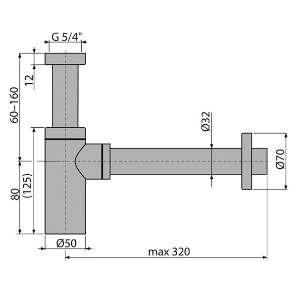 Сифон умыв бут б/вып 1 1/4"x32 лат пр/тр 32 хром DESIGN Alca A400
