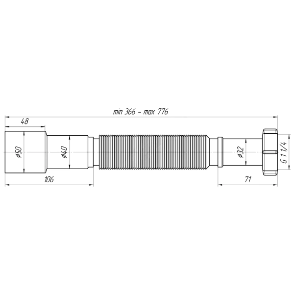 Гофра с гайкой 1 1/4"x40/50 L=366-776мм АНИ Пласт K206