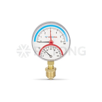 Термоманометр радиальный Varmega VMMT07-800604, диаметр 80 мм, 6 бар, 120°С, 1/2", с запорным клапан