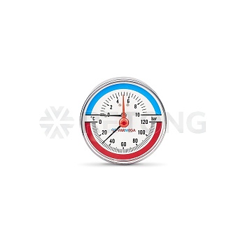 Термоманометр аксиальный Varmega VMMT06-801004, диаметр 80 мм, 10 бар, 120°С, 1/2", с запорным клапа