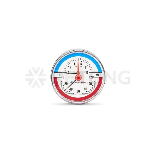 Термоманометр аксиальный Varmega VMMT06-801004, диаметр 80 мм, 10 бар, 120°С, 1/2", с запорным клапа