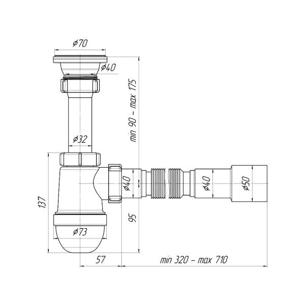 Сифон умыв/мойка бут 1 1/2"x40 гофр 40х40/50 нерж/сетка АНИ Пласт C0115
