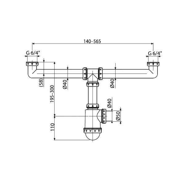 Сифон мойки 2чаши бут б/вып 1 1/2"x40/50 Alca A448-DN50/40