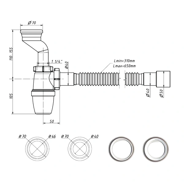 Сифон д/писсуара бут лит/вып 1 1/4"x40 гофр 40х40/50 манж D40-46 Орио Р-31009