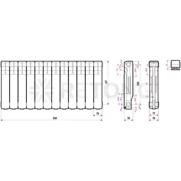 Радиатор алюм Delta Plus 350 12 секц 1236Вт Ogint