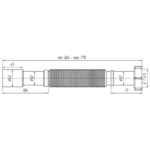 Гофра с гайкой 1 1/4"x32/40 L=320-730мм АНИ Пласт K207
