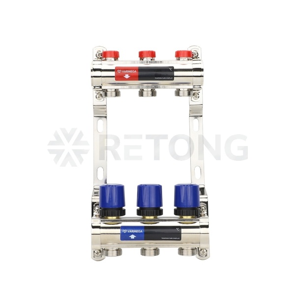 Коллекторная группа для отопления Varmega VM15803 ВР 1", на 3 контура 3/4" EK, латунь