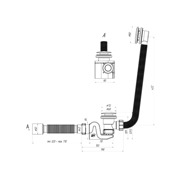 Сифон д/ванны Бриг авт 1 1/2"x40 гофр 40х50 АНИ Пласт EC655GS