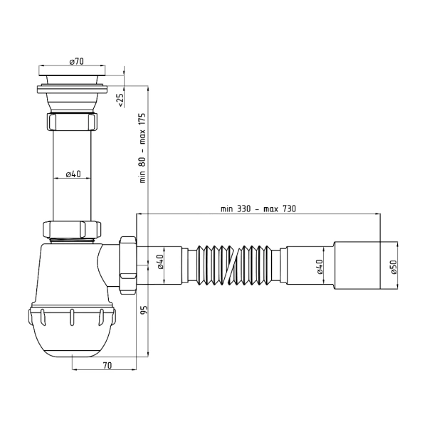 Сифон умыв/мойка бут 1 1/2"x40 гофр 40х40/50 нерж/сетка Ани Грот АНИ Пласт A0115