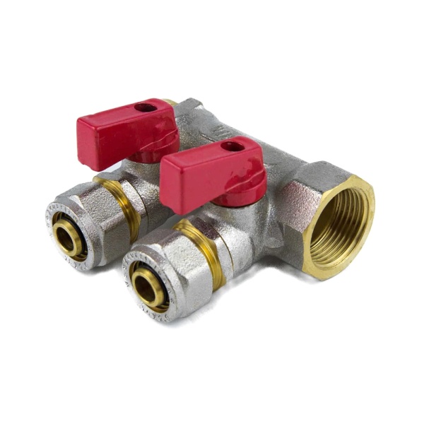 Коллектор лат шар/к красн 3/4" м/р 3в Дн16 обжим мп 35мм Aquasfera 7016-02 .