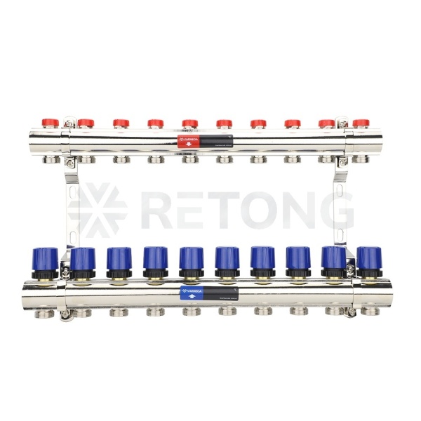 Коллекторная группа для отопления Varmega VM15810 ВР 1", на 10 контуров 3/4" EK, латунь